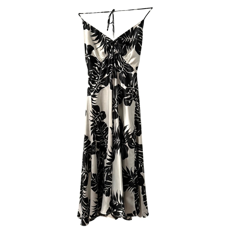 Alyn Paige New York Black White Tropical Monstera Satin Halter Midi Dress 5/6